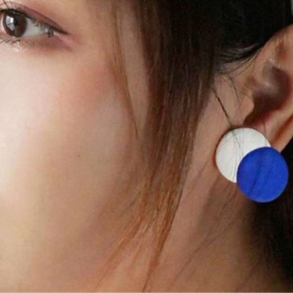 Contemporary Blue and White Double Disc Stud Earrings
